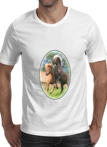  Two Icelandic horses playing, rearing and frolic around in a meadow para Camisetas hombre