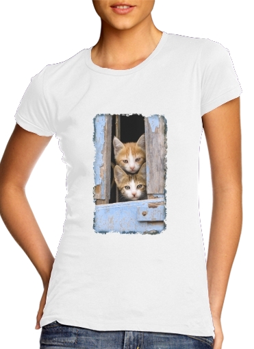  Cute curious kittens in an old window para Camiseta Mujer