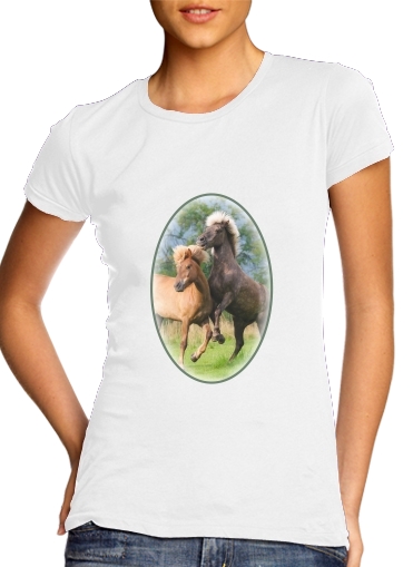  Two Icelandic horses playing, rearing and frolic around in a meadow para Camiseta Mujer