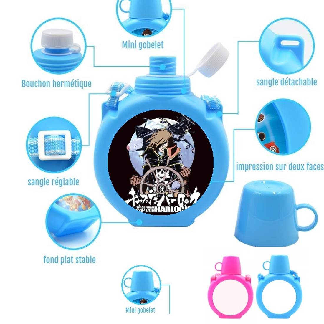  Space Pirate - Captain Harlock para Botella infantil resistente a los golpes 730 ml en azul o rosa