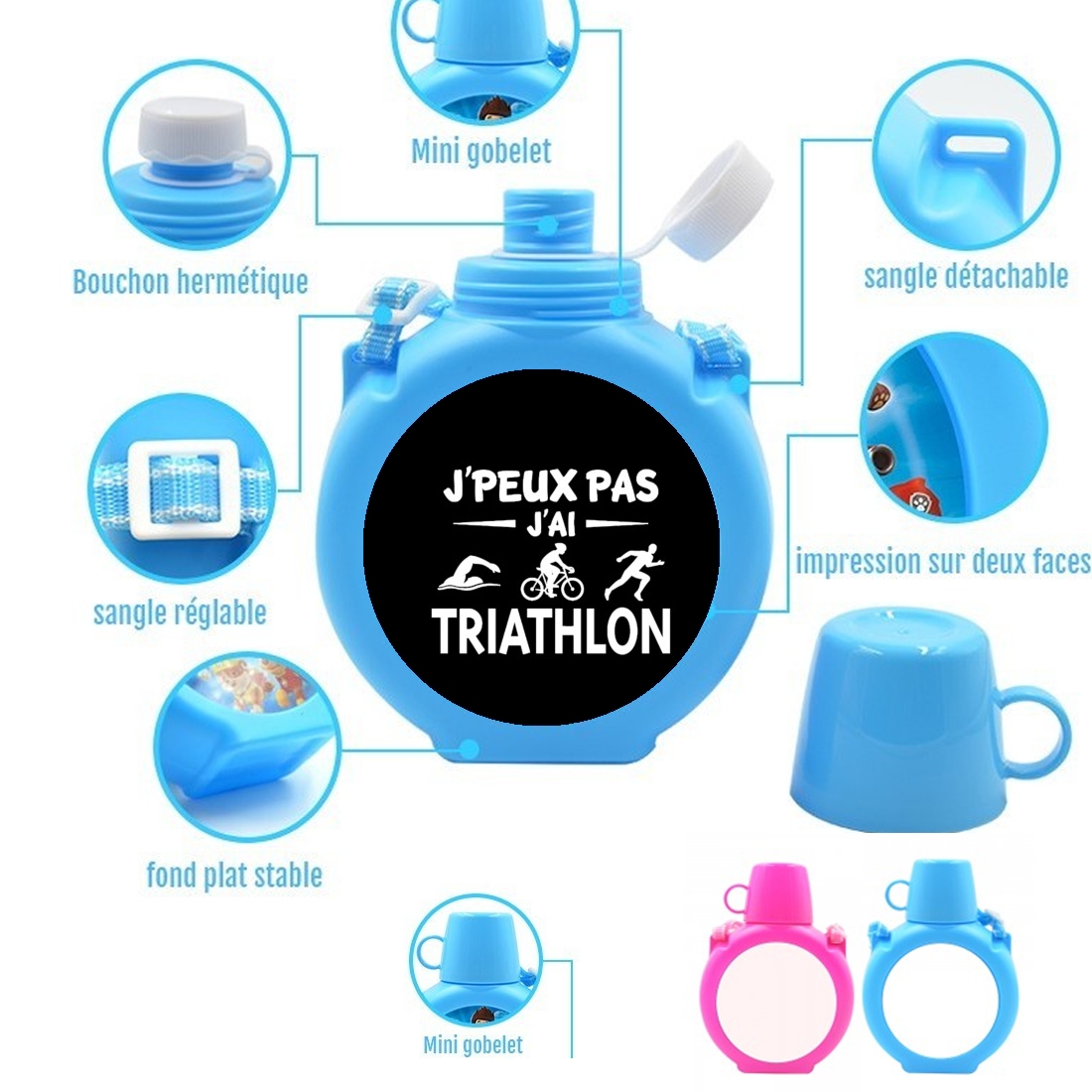  Je peux pas j ai Triathlon para Botella infantil resistente a los golpes 730 ml en azul o rosa