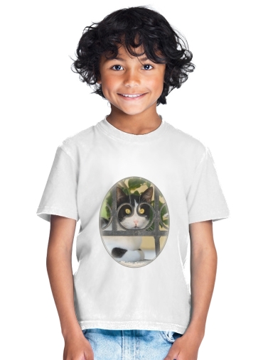  Cat with spectacles frame, she looks through a wrought iron fence para Camiseta de los niños