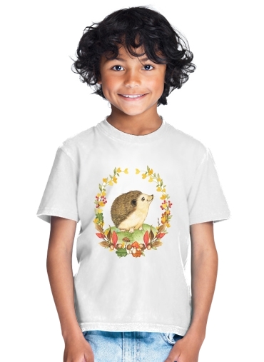  watercolor hedgehog in a fall woodland wreath para Camiseta de los niños