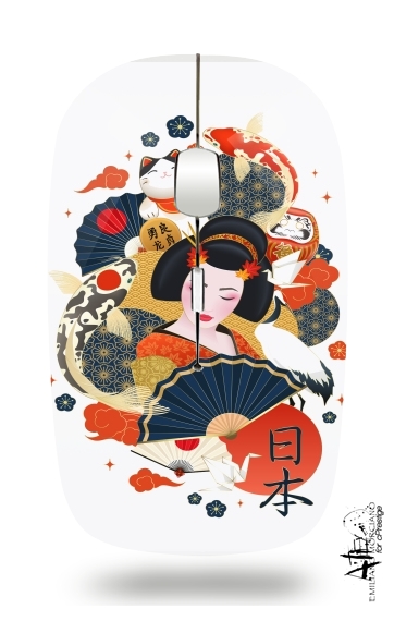  Japanese geisha surrounded with colorful carps para Ratón óptico inalámbrico con receptor USB