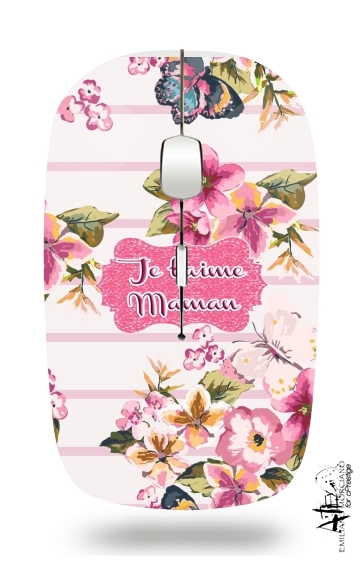  Pink floral Marinière - Je t'aime Maman para Ratón óptico inalámbrico con receptor USB