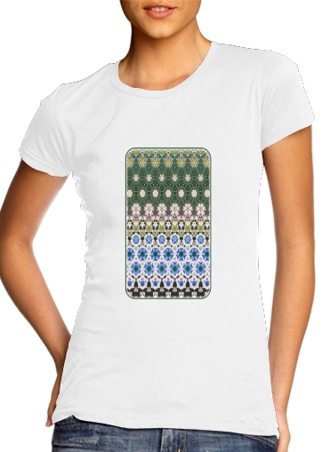  Abstract ethnic floral stripe pattern white blue green para Camiseta Mujer