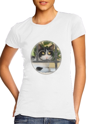  Cat with spectacles frame, she looks through a wrought iron fence para Camiseta Mujer