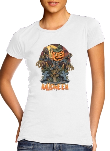  Halloween Pumpkin Crow Graveyard para Camiseta Mujer