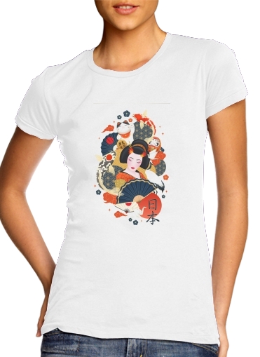  Japanese geisha surrounded with colorful carps para Camiseta Mujer