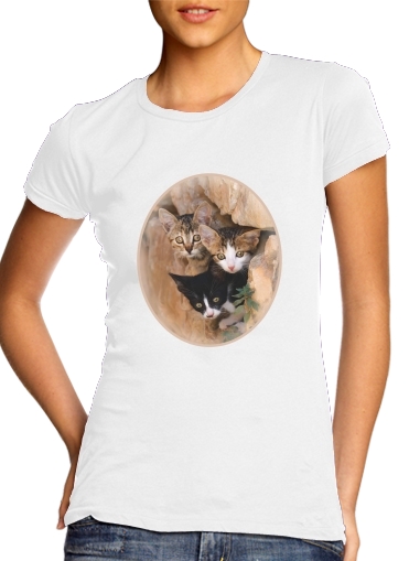  Three cute kittens in a wall hole para Camiseta Mujer